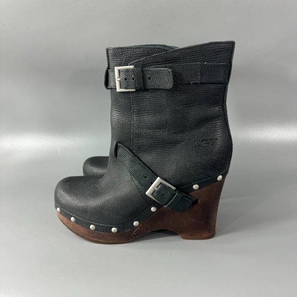 UGG Black Leather "Taryn" Wooden Wedge Mid Calf Boots, Size 7 - Picture 6 of 13